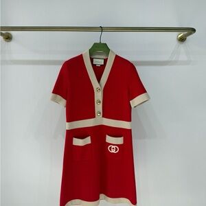 Authentic Gucci V-Neck Red and Cream Knit Dress
